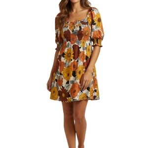 BB Dakota Floral Smocked Square-Neck Mini Dress in Mustard and Brown